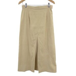 Wms Faux Suede Maxi Skirt PM Tan Khaki Pleated Elastic Waist Southwestern Boho